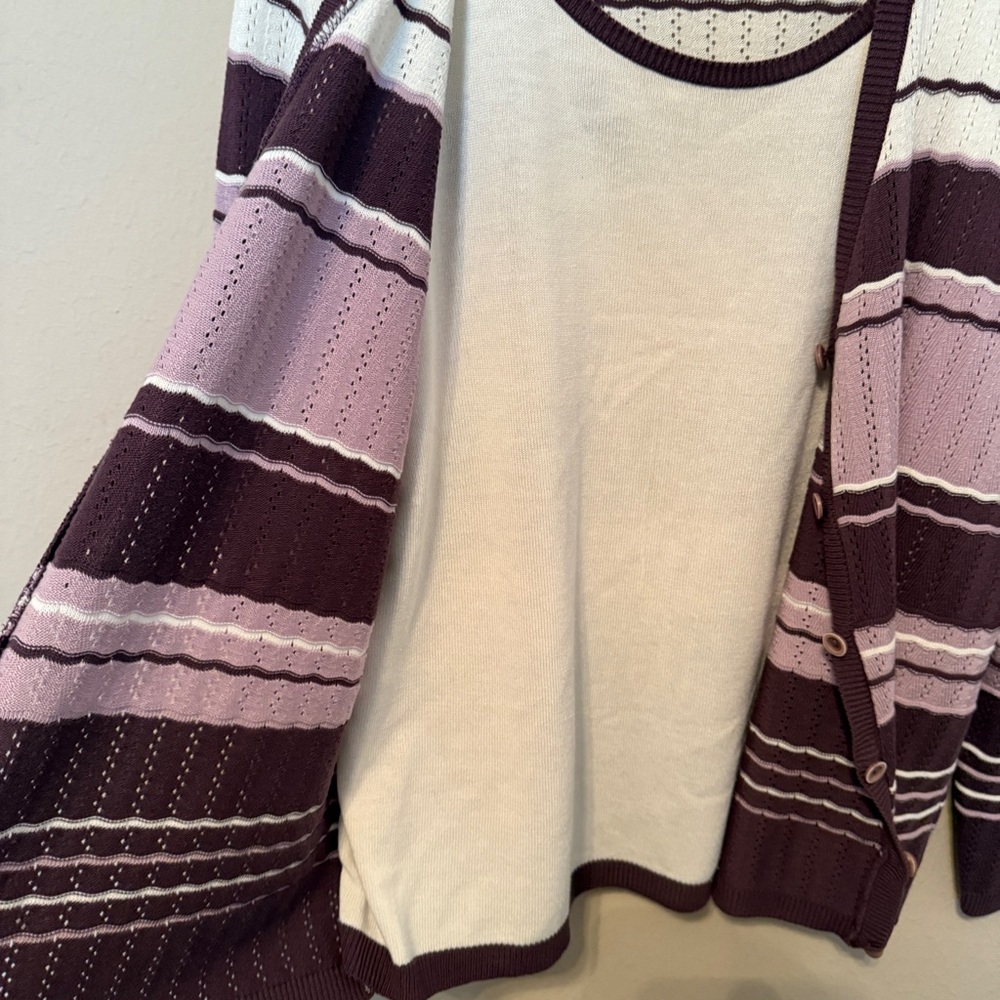 Alfred Dunner Women’s Size XL Faux Twinset Sweater Purple White Striped Cardigan - Picture 3 of 7